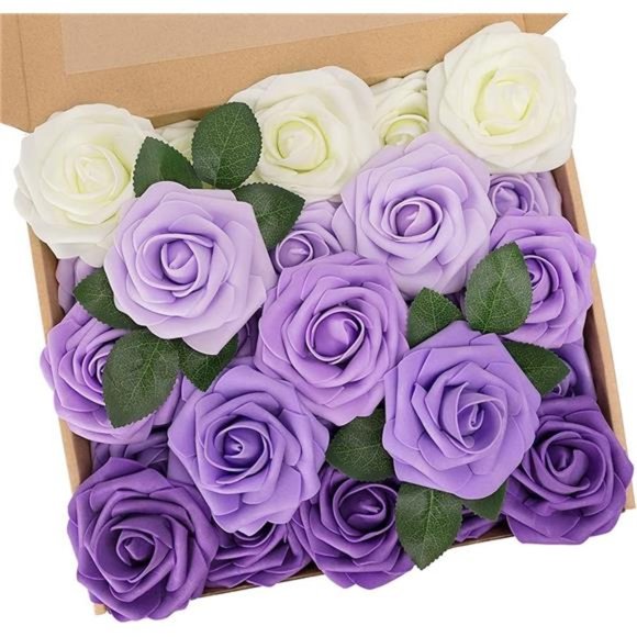 Purple Roses Artificial Flowers 25Pcs Fake Flowers Foam Roses with Stems for DIY - Picture 1 of 6